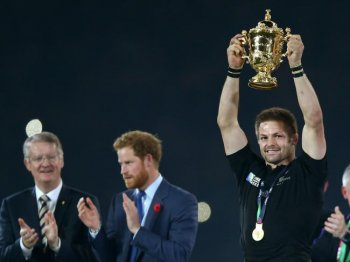 Richie McCaw of New Zealand lifts the Webb Ellis cup following his team's victory during the 2015 Rugby World Cup Final.