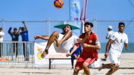 The picture shows a view of the 2017 AFC Beach Soccer Championship Group A match between Iran (players in white) and Afghanistan on the Pantai Batu Buruk beach, Kuala Terengganu, Malaysia, on March 6, 2017.