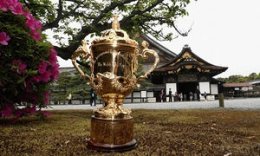 The Webb Ellis Cup stands at Nijo Castle in ancient Kyoto on the eve of the Rugby World Cup draw in the Japanese city.